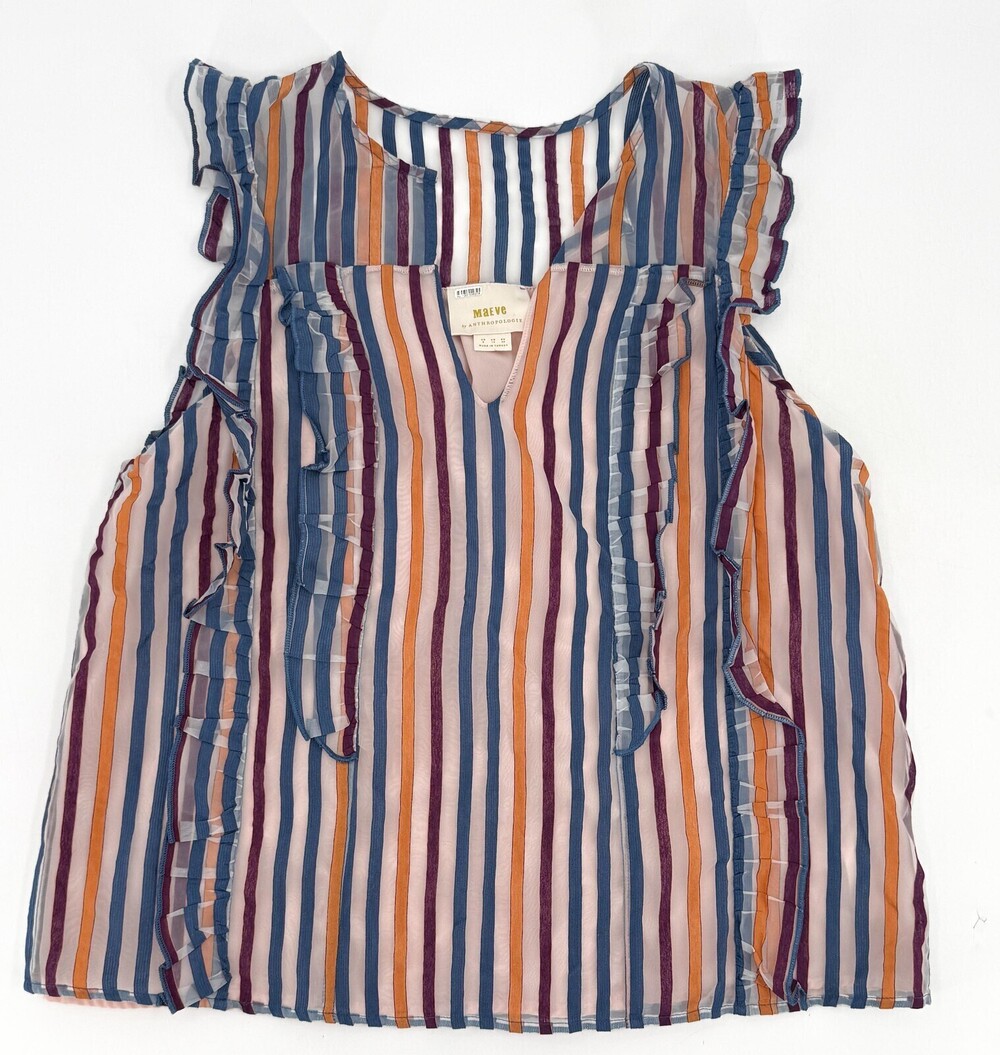 Maeve Anthropologie Top Womens 8 Multicolor Stripe Ruffle Sleeveless Blouse